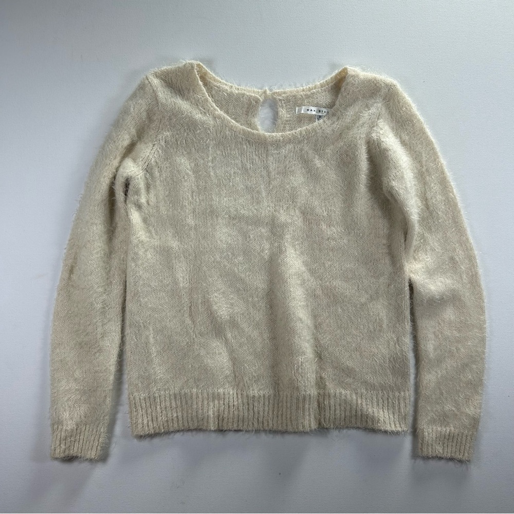 MAX STUDIO Button Back Sweater Woman’s M Textured Linen Blend Cream Color
